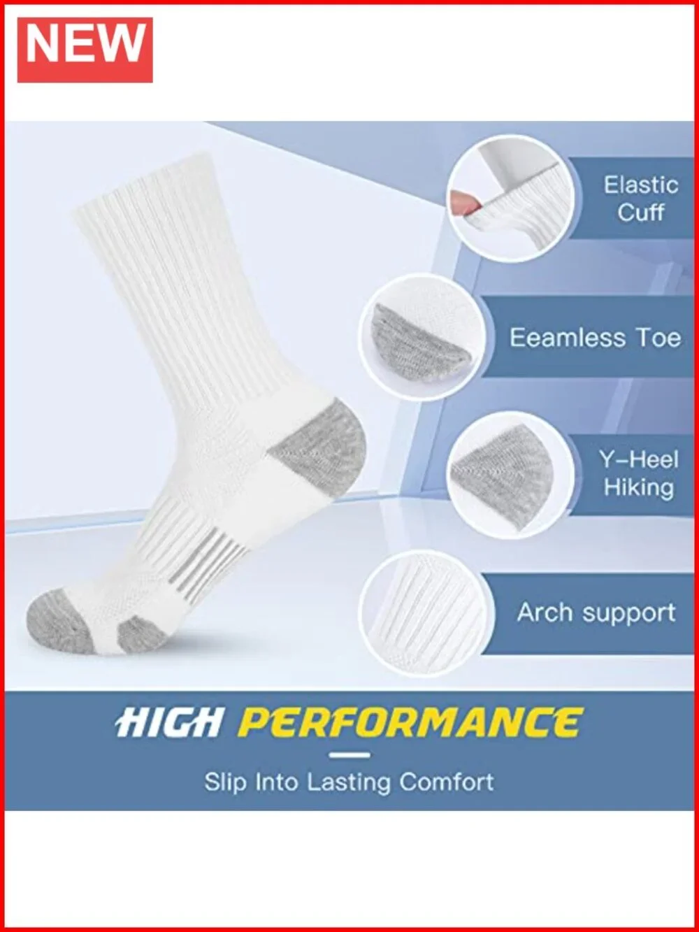 Crew Athletic Socks Cushioned Breathable Moisture Wicking Arch Support 6 Pack